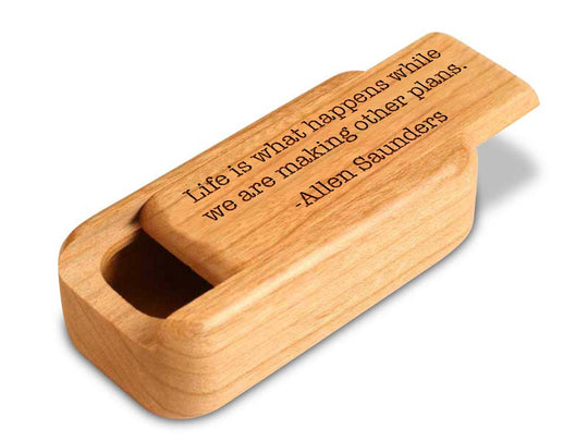 Opened View of a 3" Med Narrow Cherry with laser engraved image of Quote -Allen Saunders