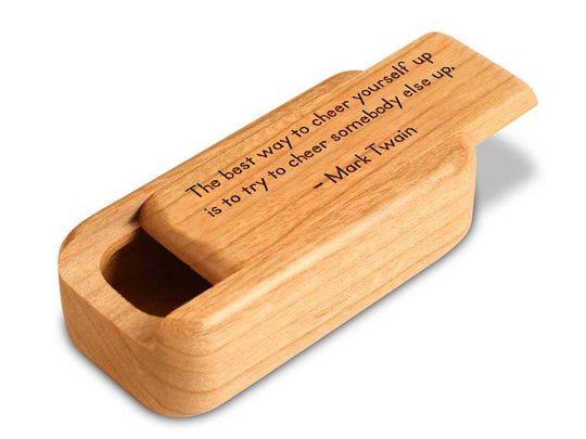 Opened View of a 3" Med Narrow Cherry with laser engraved image of Quote -Mark Twain Cheer