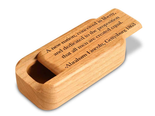 Opened View of a 3" Med Narrow Cherry with laser engraved image of Quote -Lincoln
