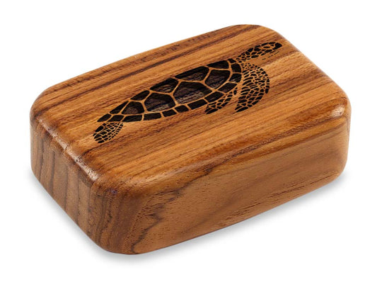 Top View of a 3" Med Wide Teak with laser engraved image of Sea Turtle