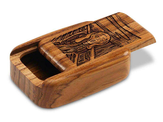 Opened View of a 3" Med Wide Teak with laser engraved image of The Scream