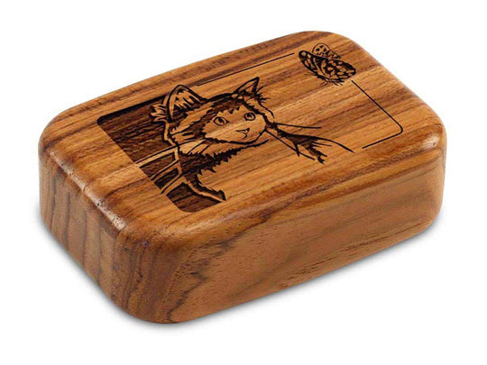 Top View of a 3" Med Wide Teak with laser engraved image of Cat & Butterfly