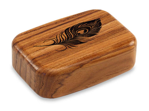 Top View of a 3" Med Wide Teak with laser engraved image of Peacock Feather with Heart
