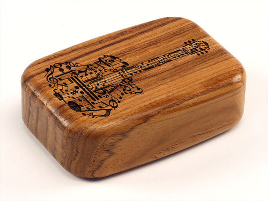Top View of a 3" Med Wide Teak with laser engraved image of Guitar of Music Notes