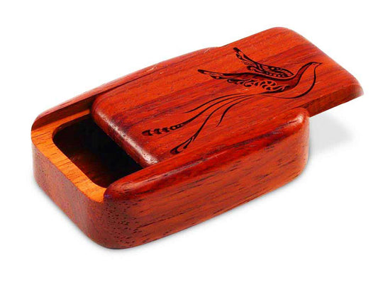 Opened View of a 3" Med Wide Padauk with laser engraved image of Fantasy Bird