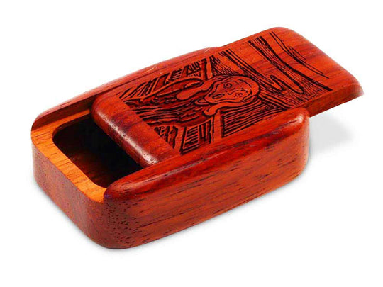 Opened View of a 3" Med Wide Padauk with laser engraved image of The Scream