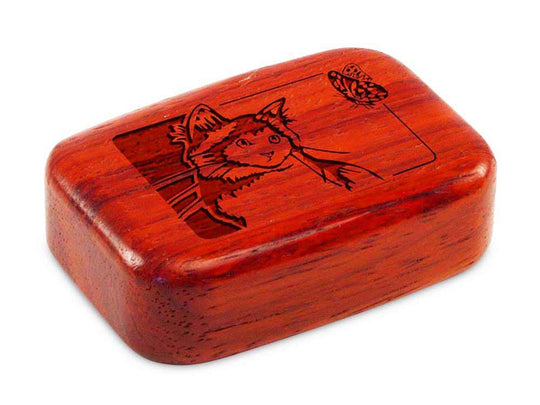 Top View of a 3" Med Wide Padauk with laser engraved image of Cat & Butterfly