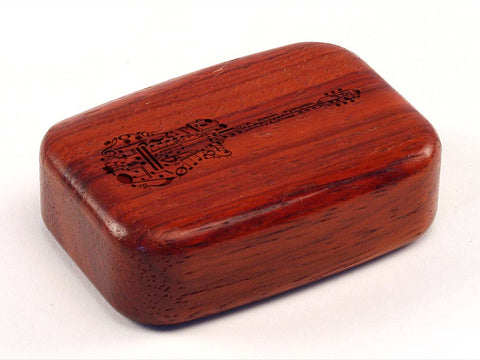 Top View of a 3" Med Wide Padauk with laser engraved image of Guitar of Music Notes