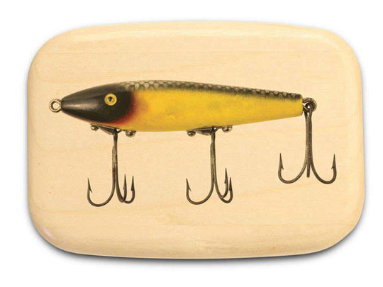 Top View of a 3" Med Wide Aspen with color printed image of Large Fishing Lure