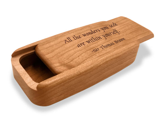Opened View of a 4" Med Wide Cherry with laser engraved image of Quote -Sir Thomas Brown