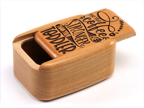 Top View of a 3" Tall Wide Cherry with laser engraved image of Coffee Stronger/Toddler