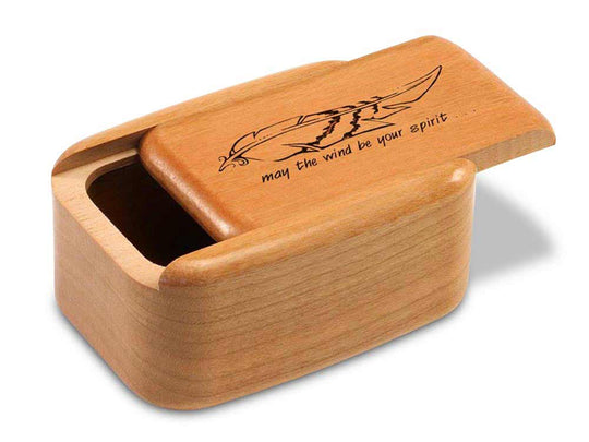 Opened View of a 3" Tall Wide Cherry with laser engraved image of Feather