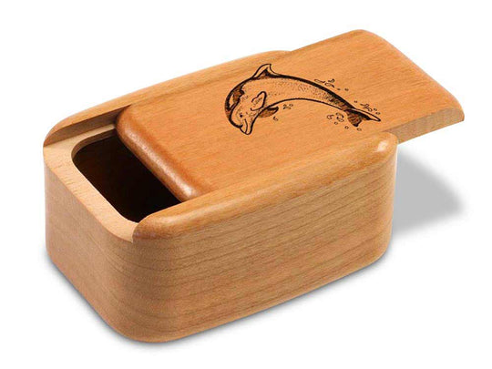 Opened View of a 3" Tall Wide Cherry with laser engraved image of Dolphin