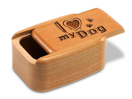 Opened View of a 3" Tall Wide Cherry with laser engraved image of I Heart My Dog