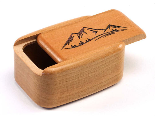 Opened View of a 3" Tall Wide Cherry with laser engraved image of Mountains