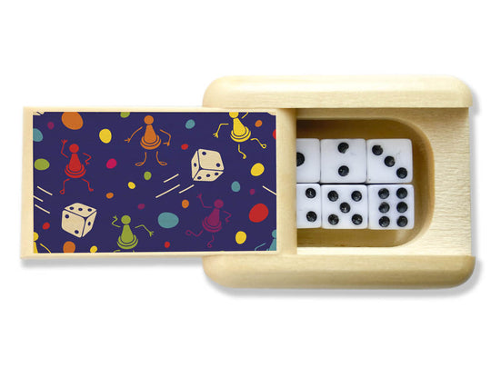 Closed View of a Treasure Box with color printed image of Includes Small Dice