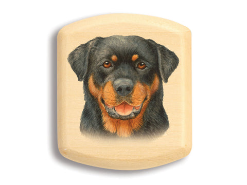 Top View of a 2" Flat Wide Aspen with color printed image of Rottweiler