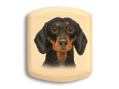Top View of a 2" Flat Wide Aspen with color printed image of Black and Tan Dachshund