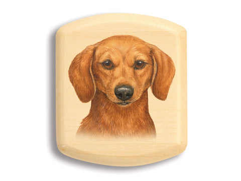 Top View of a 2" Flat Wide Aspen with color printed image of Red Dachshund