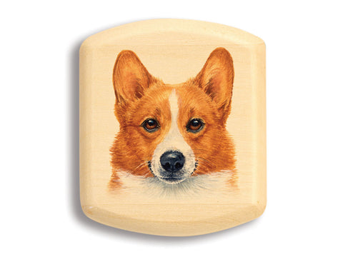 Top View of a 2" Flat Wide Aspen with color printed image of Welsh Corgi