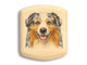 Top View of a 2" Flat Wide Aspen with color printed image of Australian Shepherd