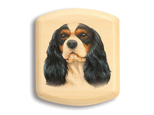 Top View of a 2" Flat Wide Aspen with color printed image of Cavalier King Charles Spaniel