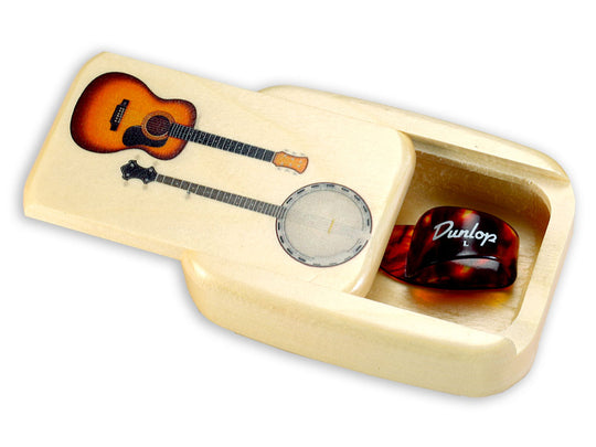 Open View of a Treasure Box with color printed image of Includes a Guitar Finger Pick