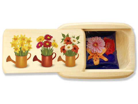 Open View of a Treasure Box with color printed image of Watering Cans with Flowers, w/ Flower Food
