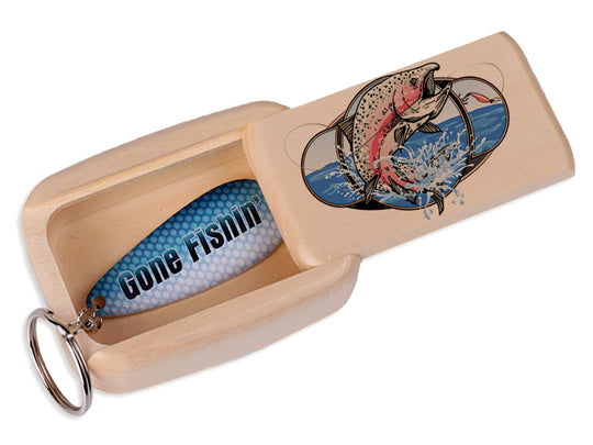 Closed View of a Fisherman's Treasure Box with color printed image of w/ Fishing Spoon Keychain