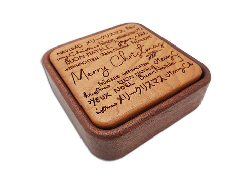 Angled Top View of a Terra Flip-Top with laser engraved image of Christmas in Many Languages