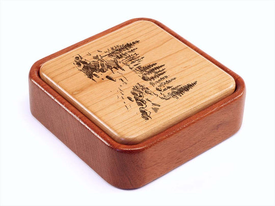 Angled Top View of a Terra Flip-Top with laser engraved image of Mountain River Scene