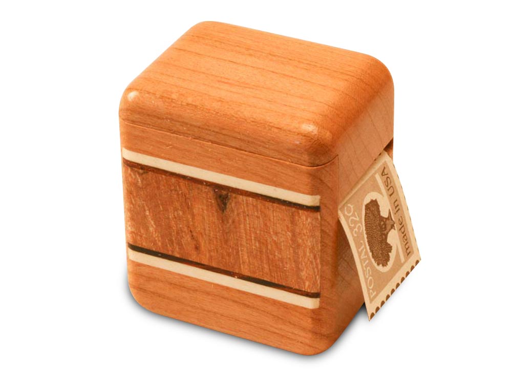Stamp View of a Cherry Stamp Box with inlay pattern of Burl Maple Inlay